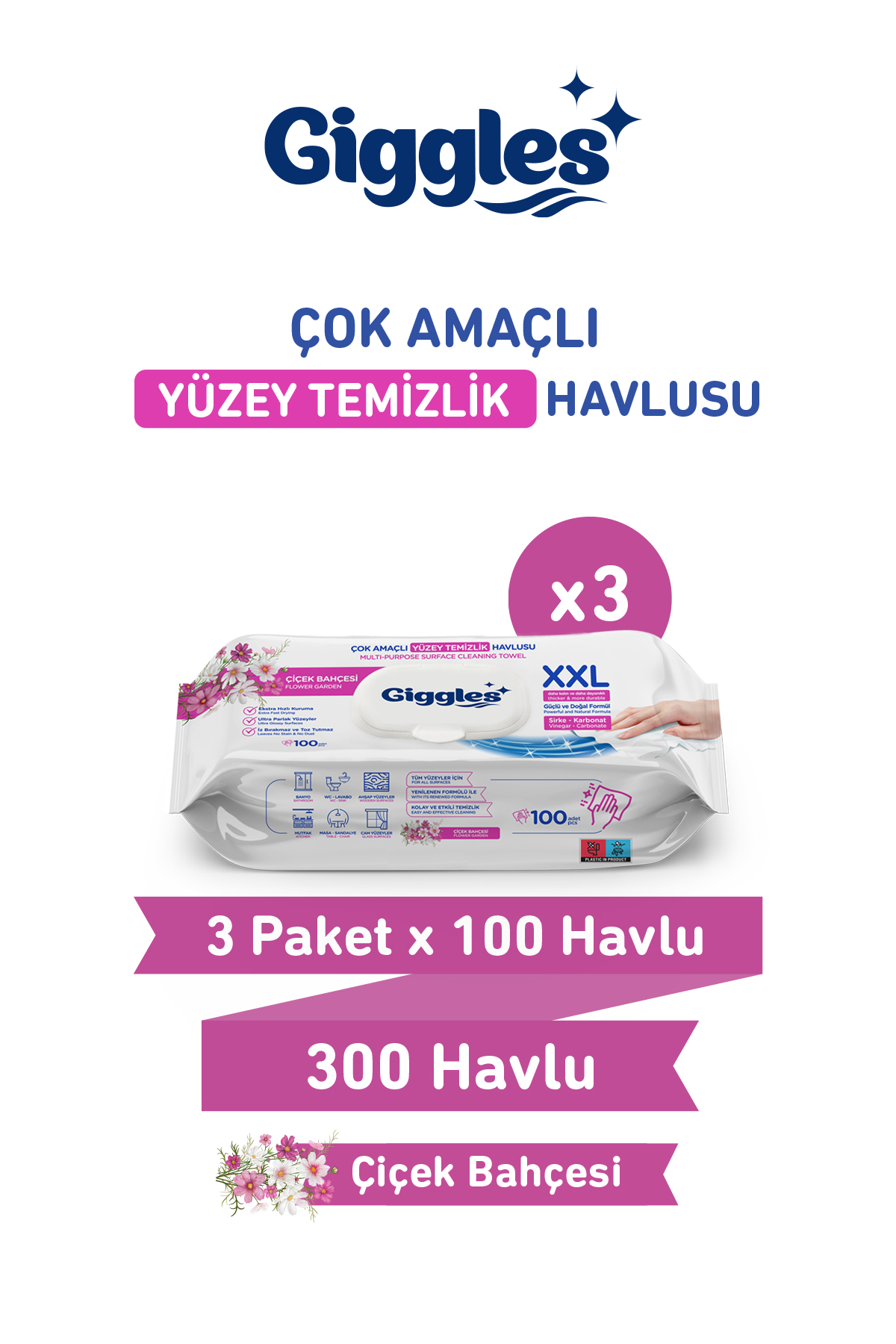 Giggles XXL İz Bırakmayan Yüzey Temizlik Havlusu - (Çiçek Bahçesi) 300 Yaprak